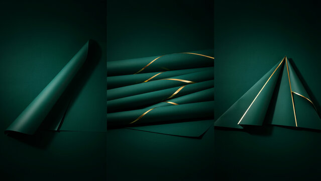 Three panels showing dark green paper sheets with gold trim, featuring rolled tubes, stacked layers, and a folded paper airplane shape on a dark base