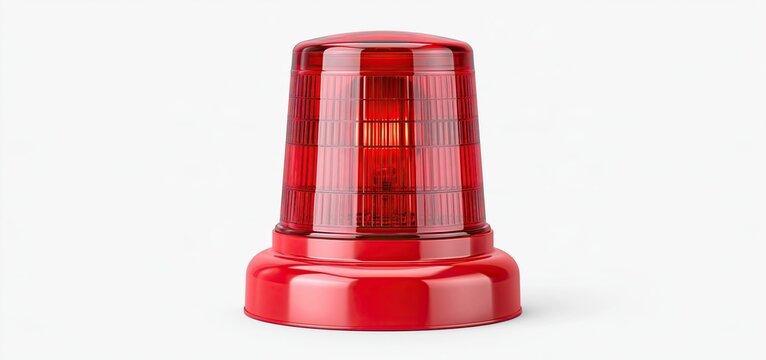 Glowing red LED warning beacon beneath a clear cover, isolated on white for emergency and safety notification concepts.