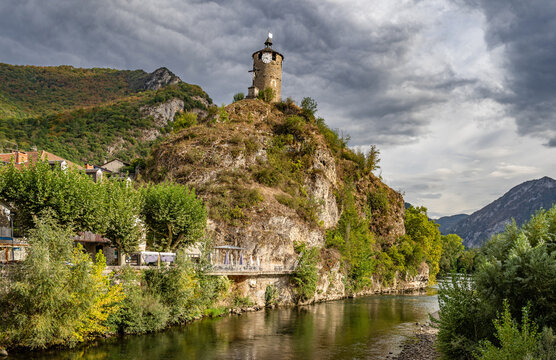 Tarascon-sur-Ari&egrave;ge, France &mdash; The Tour du Castella clock tower is the landmark of Tarascon-sur-Ari&egrave;ge