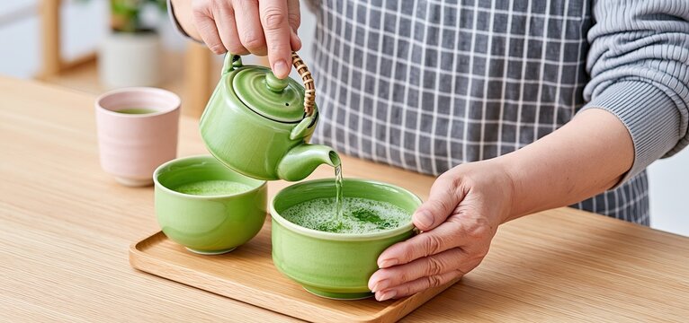 In a classic Japanese room, a senior couple prepares green tea with traditional utensils in warm light, conveying calm wellness.