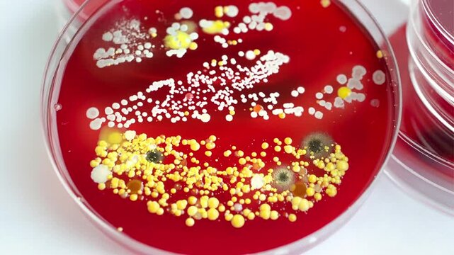 Mixed microbial colonies on sheep blood agar, animated photograph. Close-up culture plate showing diverse bacterial and fungal growth, pigmentation and visible haemolysis.