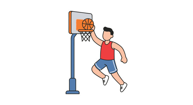 Illustration of a basketball player dunking on a hoop with a white background backboard