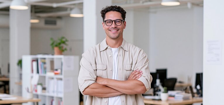 In a contemporary office, a cheerful young professional dressed casually focuses on work, symbolizing corporate efficiency.