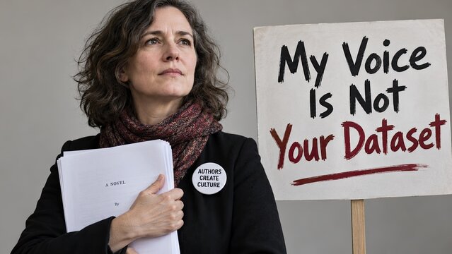 Woman holding a novel and protest sign reading &ldquo;My Voice Is Not Your Dataset&rdquo; against a gray background.