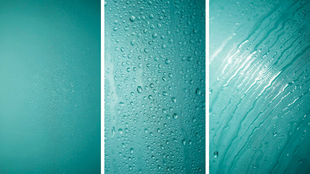 Three panels showing water droplets on a teal glass surface with varying density and streaks of water flowing down in a vertical composition