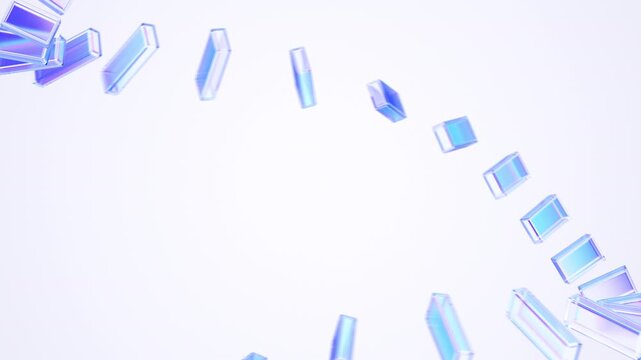 Chain of floating translucent glass bars flowing along a curved path on a white background, data transfer and digital supply chain concept, seamless loop, 3d rendered animation