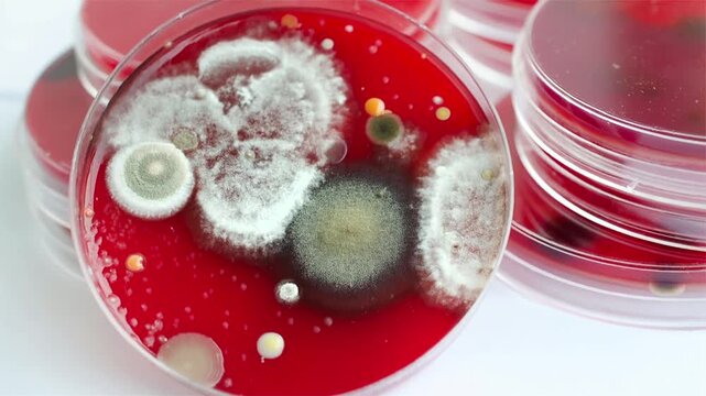 Mixed fungal colonies on sheep blood agar, animated photograph. Culture plate showing extensive filamentous mould growth with diverse colony textures, pigmentation and morphology.