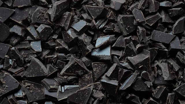 Top view of crushed black bitter chocolate chunks heap, rotates. Macro view of gourmet chocolate crumbs ingredients for baking recipe confectionery menu and marketing. Sweet food