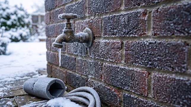 A frozen brass garden faucet attached to a red brick wall during a cold winter morning