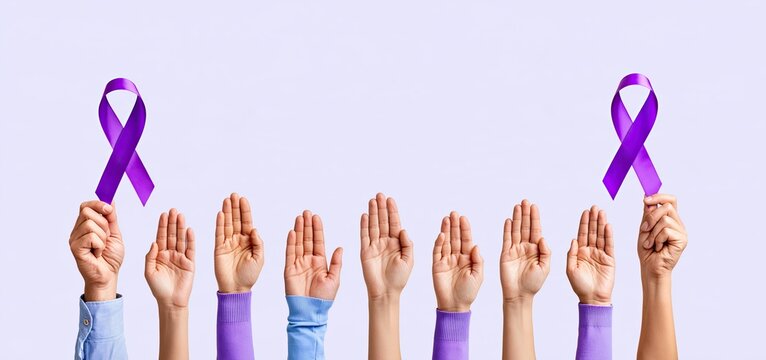 Purple ribbon held by diverse hands symbolizes the 16 Days of Action campaign to end gender violence, with a soft pastel background and clean, empowering banner design.