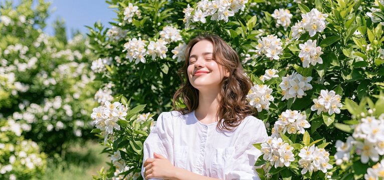 Young woman pauses among fragrant citrus blossoms in a sunlit grove, savoring the serene atmosphere and fresh floral setting.