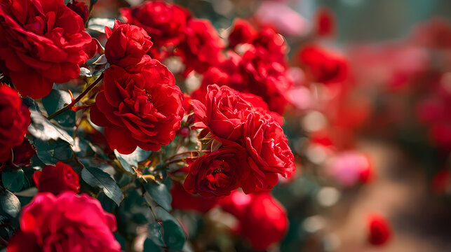 Roses bloom brightly in the garden, creating a vibrant display of deep red petals and lush green foliage under natural sunlight during the warm summer afternoon.