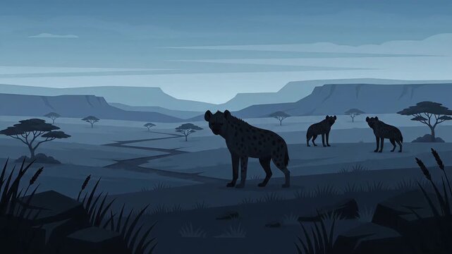 panoramic view vector illustration spotted hyenas roaming across rocky savanna landscape at dusk