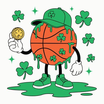 Basketball mascot wearing a cap and holding a gold coin is decorated with green shamrock patterns.