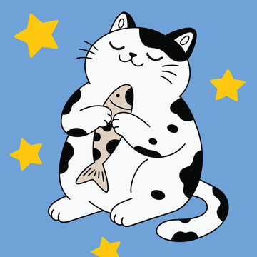 Cat hugging a fish illustration set against a blue background with yellow stars.