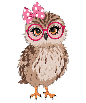 Owl wearing pink glasses and a matching pink polka dot bow on its head while standing upright.