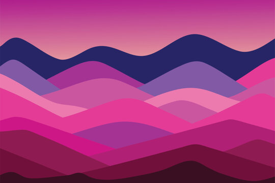 Landscape featuring rolling hills and mountains in shades of purple and pink during twilight.