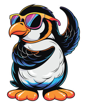 Penguin wearing colorful sunglasses stands isolated against a plain white background.