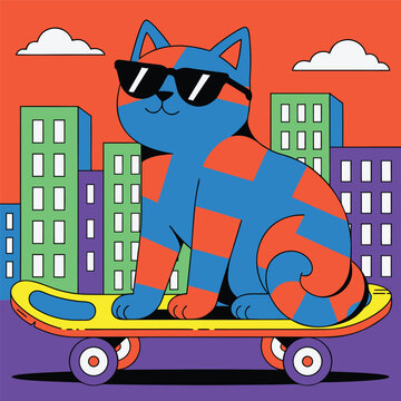 Cat riding a skateboard in front of city buildings during a sunny day.