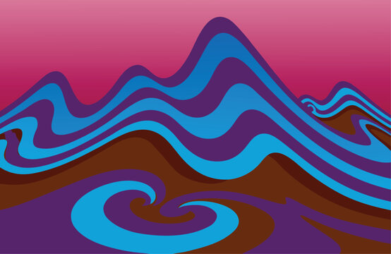 Abstract mountains rendered with colorful waves in a retro digital illustration.