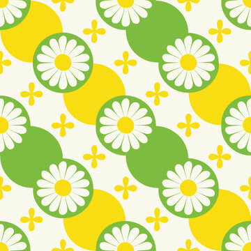 Seamless pattern featuring white flowers and yellow circles on a green background.
