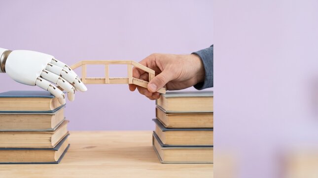 A human hand and a robotic hand building a wooden bridge between two stacks of old books, representing knowledge transfer and AI integration.
