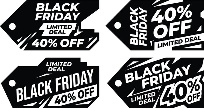 Set of four black and white black friday sale tags with forty percent off discount labels