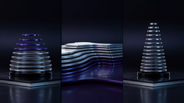 Three stacked metallic disc sculptures with purple and silver gradients, arranged in conical shapes on a dark reflective surface background