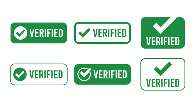 Verified green check mark badges, set of 6 validation stamp icons, approved and confirmed status labels for web and app interface
