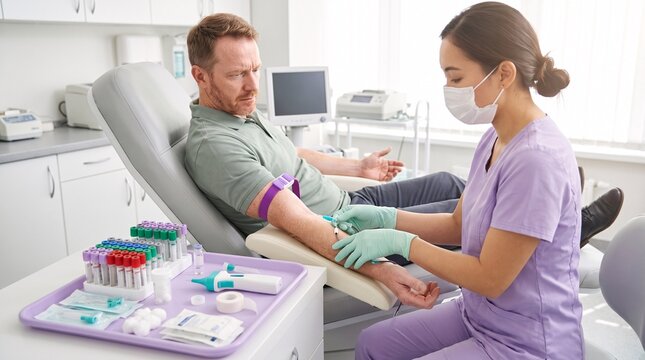 Phlebotomy: Asian clinician collects blood from apprehensive patient during routine testing