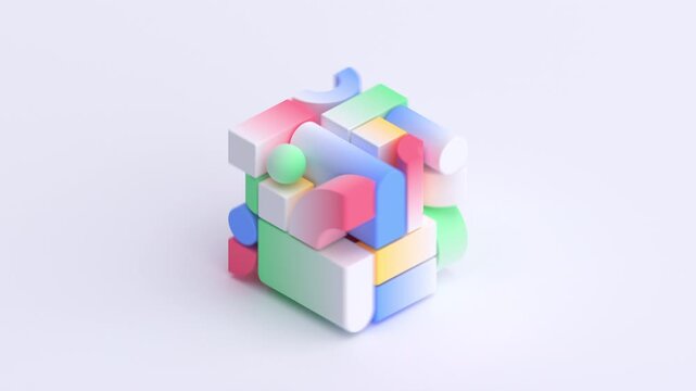 Colorful geometric shapes falling and assembling into a cube and flying apart on a white background, building blocks and creativity concept, seamless loop, 3d rendered animation