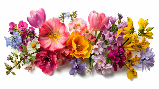 Florals arranged in a horizontal line showcase a diverse selection of blooming plants on a neutral surface.