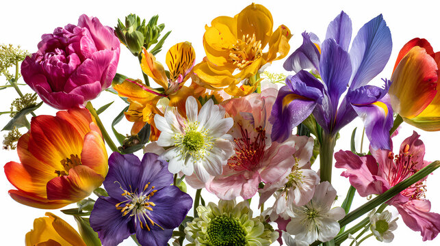 Flowers in a vibrant arrangement display various colors and species against a clean transparent backdrop.