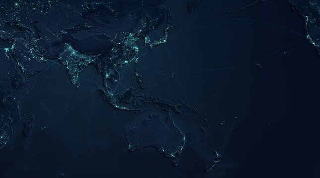 Digital glowing world map with interconnected network lines on a dark minimalist background