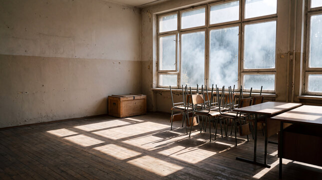 Sunlit Abandoned Classroom With Wooden Desks and Chairs