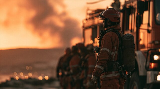Firefighters in modern protective uniforms at industrial site at sunset