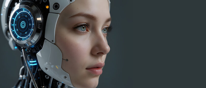 Side view macro close up of a beautiful female robot head and face with artificial intelligence, cybernetic implants, advanced glowing technology details, and copy space for text background.