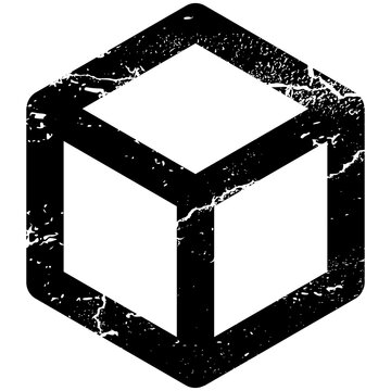 Isometric 3D cube frame graphic illustration with distressed Y2K grunge texture isolated on transparent background. Black geometric box clip art element for streetwear overlay.