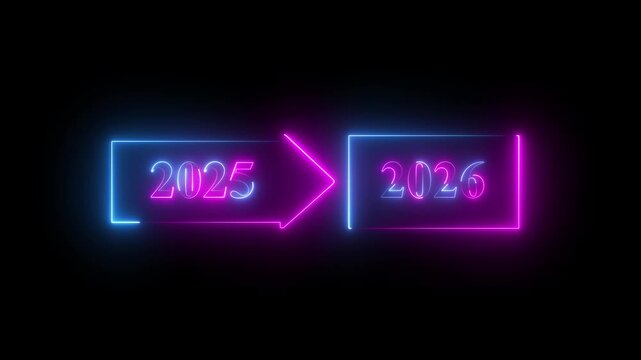 Directional signpost indicating year change from 2025 to 2026. Minimalist concept. Mockup design. transparent motion animated black background