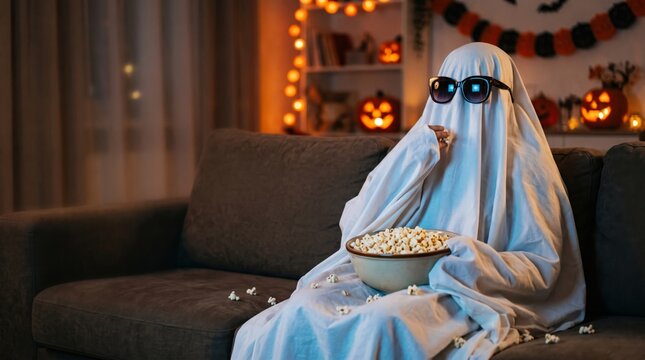 Funny ghost in sunglasses eating popcorn on a sofa during a cozy Halloween movie night with pumpkin decor