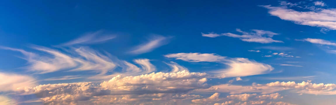 Wide, panoramic vibrant blue sky striking cloud formations. Rich, deep azure blue. Clouds illuminated soft warm golden pinkish lights, suggesting sunset. Fluffy puffy cumulus texture high strikes.