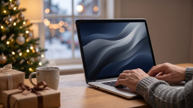 Remote worker typing on a laptop at a home desk with gifts, coffee mug and a Christmas tree behind