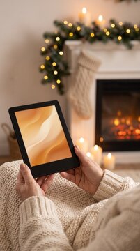 Unwinding reader holding an e-reader beside a fireplace with knitted stocking, garland and candles