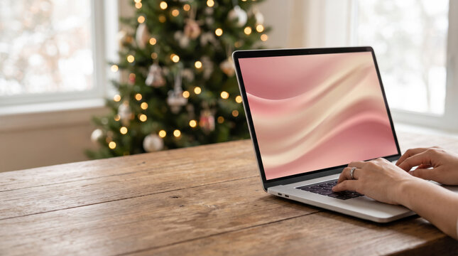 Focused freelancer typing on a laptop at a rustic wooden table with a Christmas tree by the window