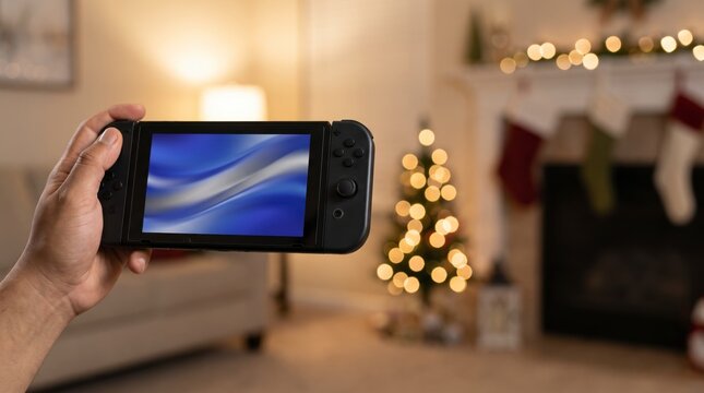Casual gamer holding a handheld console in a living room with fireplace stockings and a mini tree
