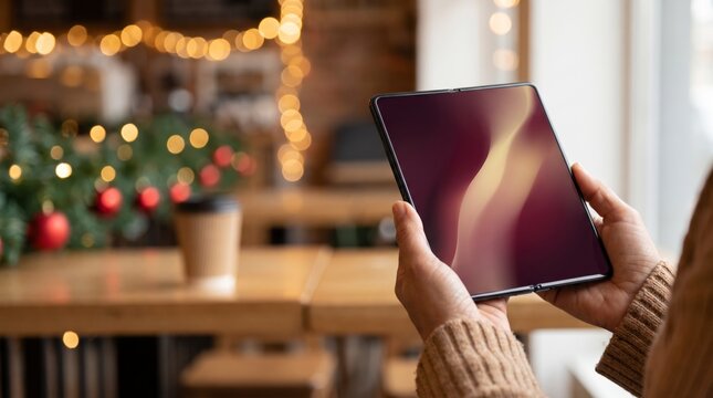 Curious urban shopper holding a foldable phone in a festive cafe with takeaway coffee and decor