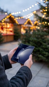 Wandering visitor holding a foldable smartphone at a Christmas market with string lights at dusk