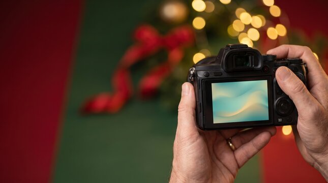 Enthusiast photographer holding a mirrorless camera against red and green panels with ribbons
