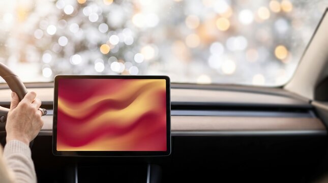 Careful holiday driver at the wheel with a dashboard display and lights beyond the windshield