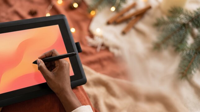 Illustrator drawing on a pen display with an orange screen amid cinnamon sticks, pine and a blanket